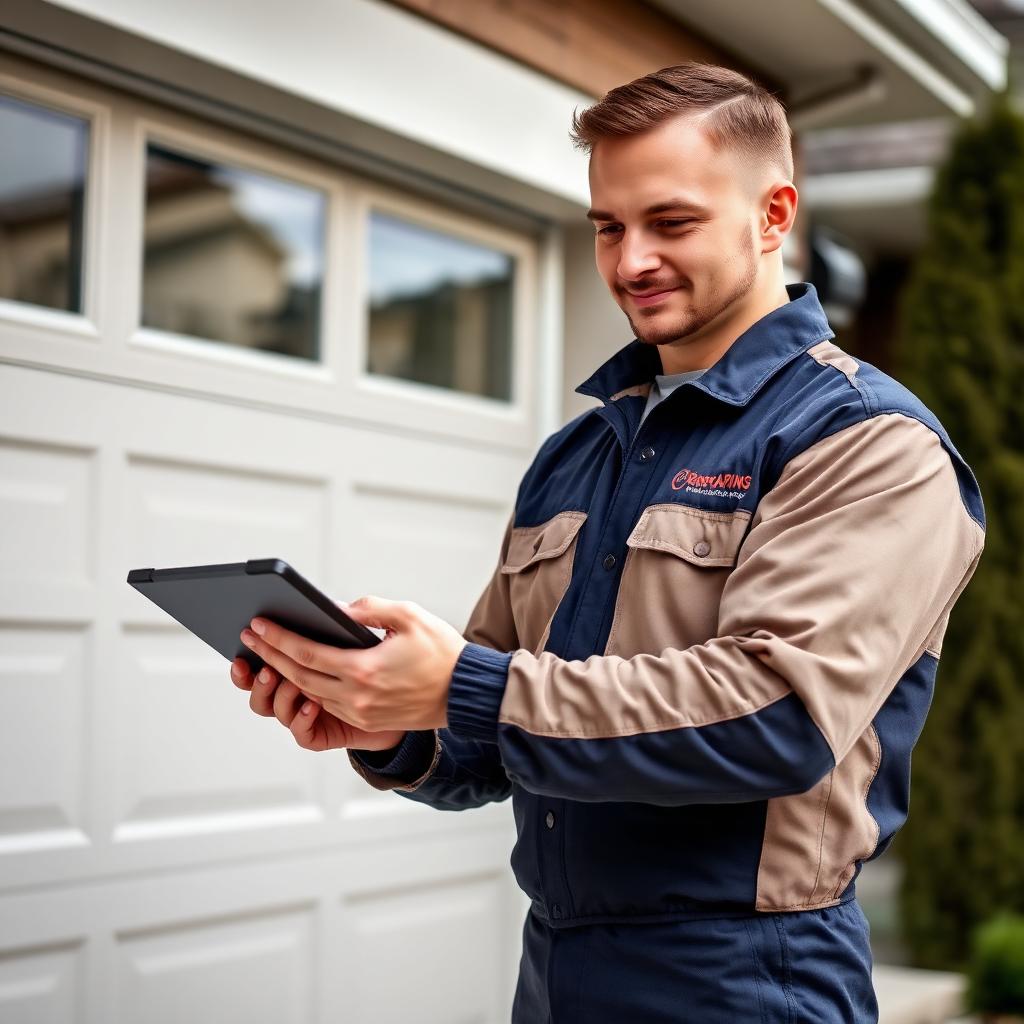 Professional garage door technician with tablet conducting digital inspection in Langley WA